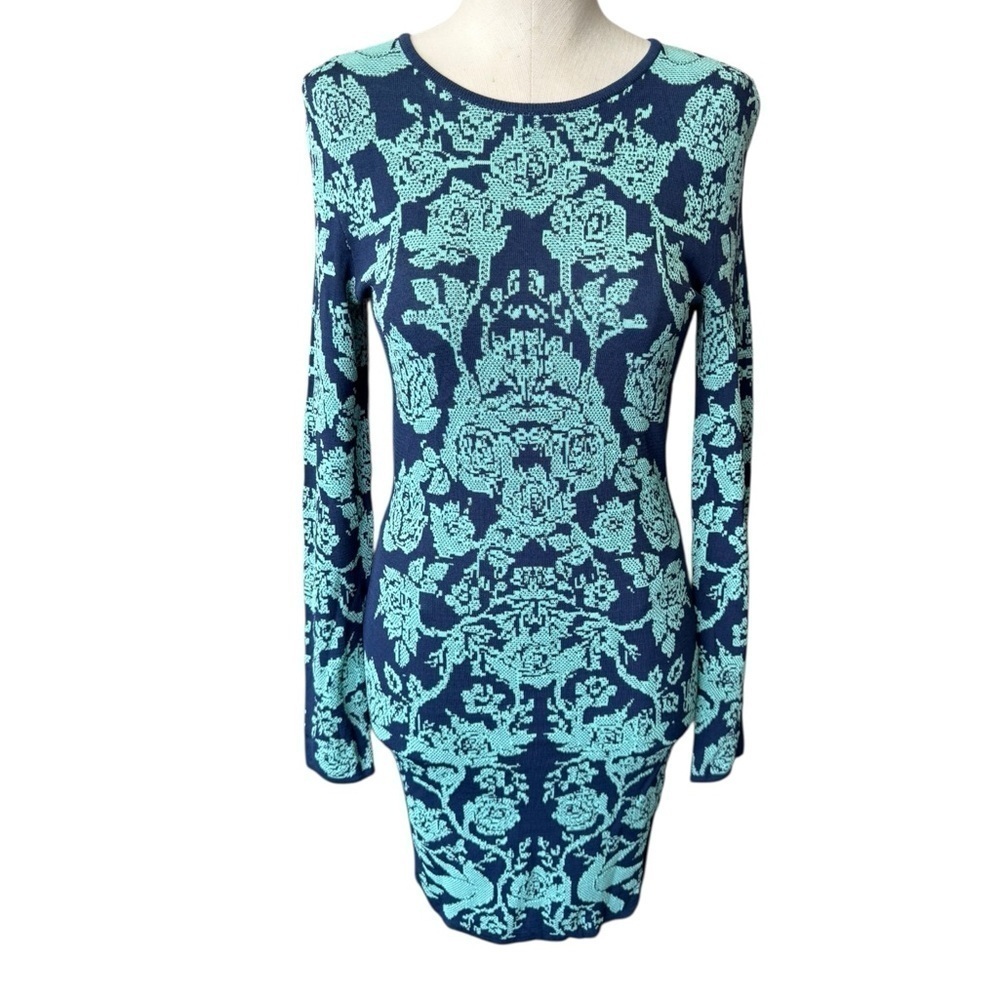 Torn by Ronny Kobo Floral Long Sleeve Knit Bodycon Mini Dress Blue & Green MED